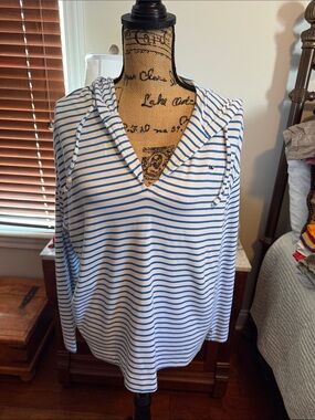 Vineyard vines Striped Hooded V-Neck Long Sleeve Top - Blue & White